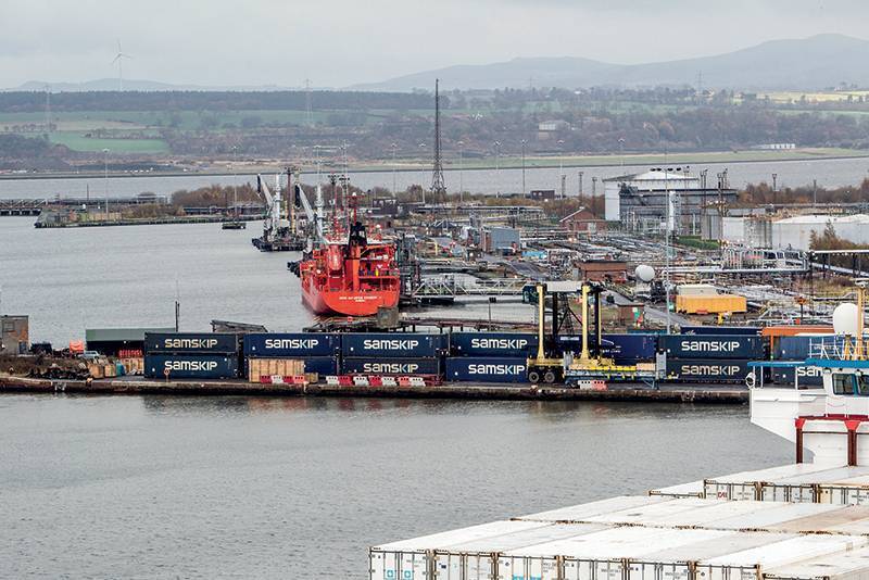 Samskip containers with liquid bulks terminal behind at Grangemouth
