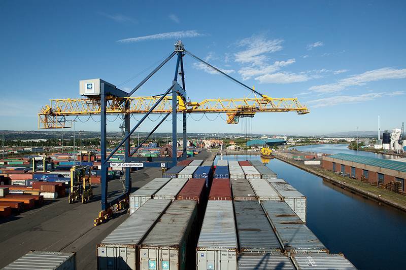 Gantry crane unloading container ship at Grangemouth, taken from vessel bridge