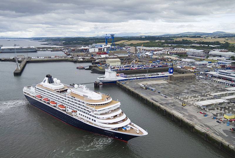 Cruise ship coming alongside at Forth Ports Rosyth with RoRo ferry in the background
