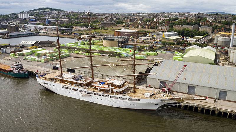 White Boutique cruise ship berthed alongside at Forth Ports Dundee