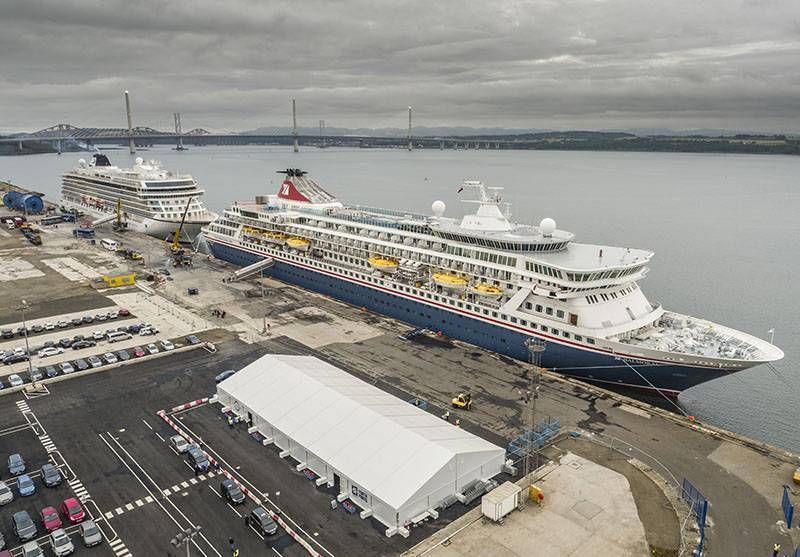 Two cruise ships alongside at Forth Ports Rosyth on a grey day